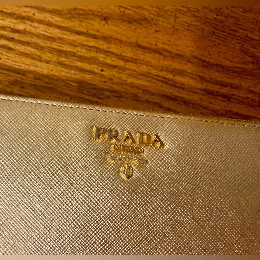 PRADA Vintage Saffiano Leather Zip Around Long Wallet - Gold